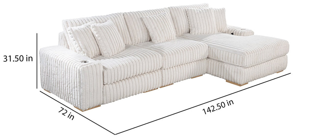 Best Quality S103 3 pc Hokku designs Maizee beige 2" striped wide corduroy fabric upholstered reversible chaise sectional sofa