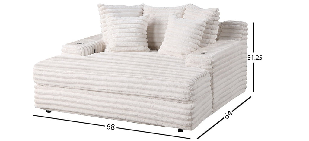 Best Quality S123 Beige 2" striped wide corduroy fabric upholstered oversized chaise with cup holders and USB port