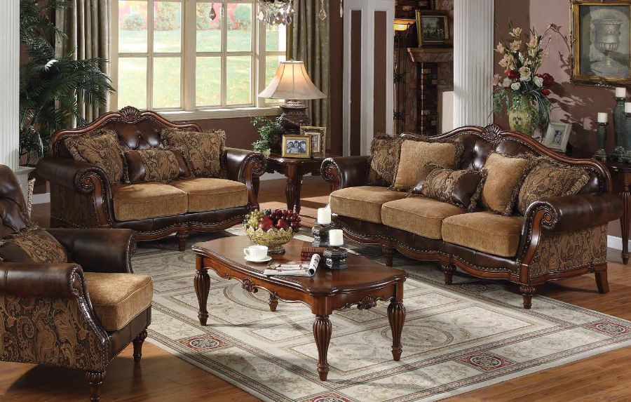 Acme 05495-96 2 pc Astoria grand dibenedetto dreena two tone chenille fabric bonded leather sofa and love seat set