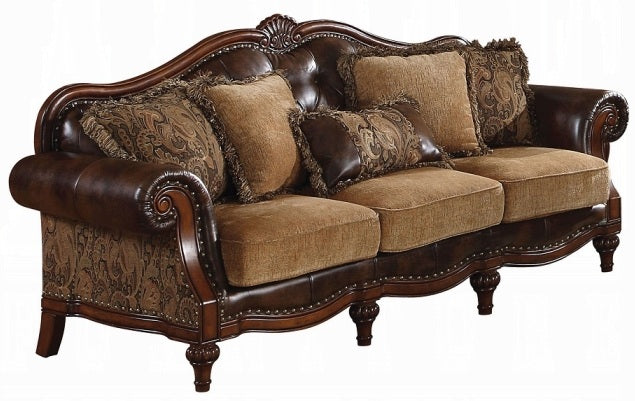 Acme 05495-96 2 pc Astoria grand dibenedetto dreena two tone chenille fabric bonded leather sofa and love seat set