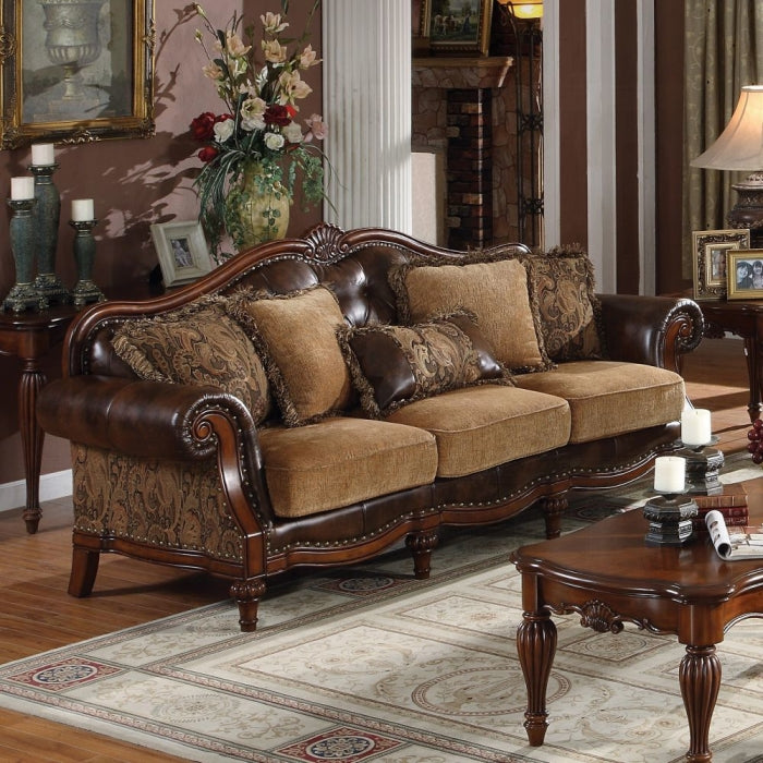 Acme 05495-96 2 pc Astoria grand dibenedetto dreena two tone chenille fabric bonded leather sofa and love seat set