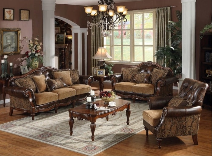 Acme 05495-96 2 pc Astoria grand dibenedetto dreena two tone chenille fabric bonded leather sofa and love seat set