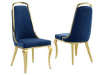 Best Quality D443-6SC315 7 pc Modern white high gloss top gold accent base 94" dining table set navy blue chairs