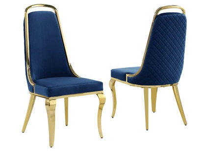 Best Quality D443-6SC315 7 pc Modern white high gloss top gold accent base 94" dining table set navy blue chairs