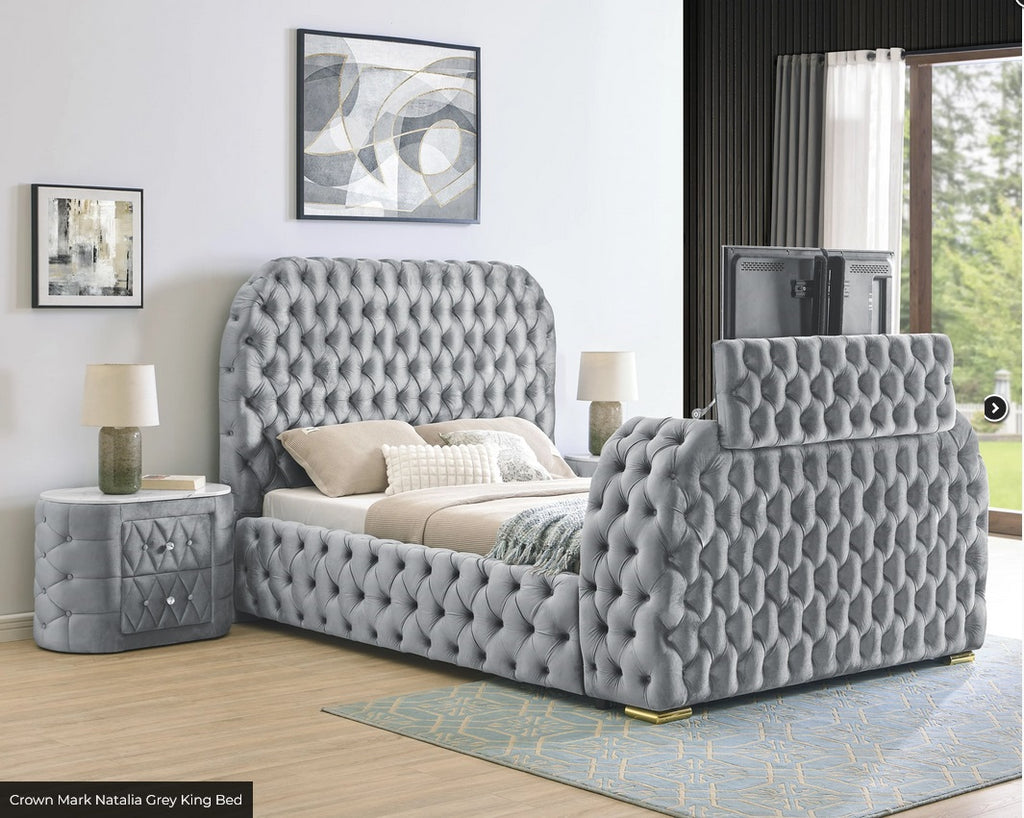 Crown Mark 5115GY Natalia grey velvet fabric tufted queen bed with TV lift and built in LED Fireplace
