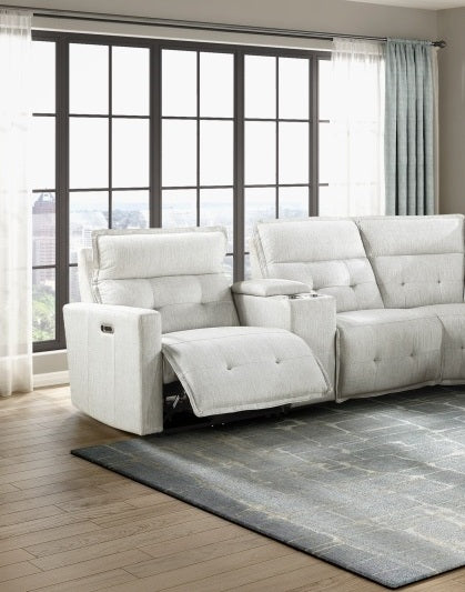 Homelegance  9444HMP-6SCPWH 6 pc Salida hemp white textured fabric sectional sofa with power recliner ends and console charging pad