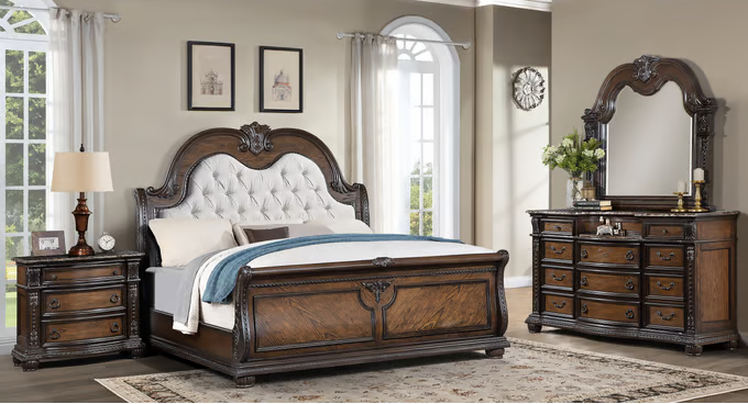 B1610 4 pc Stanley rich brown finish wood fabric tufted upholstered headboard sleigh style bedroom set with marble tops