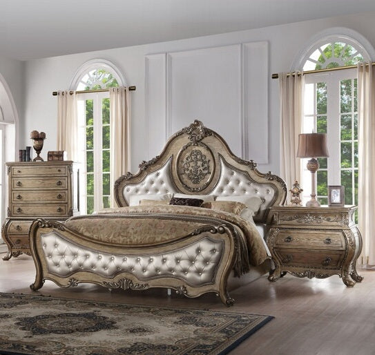 Acme 26310Q 4 pc Ragenardus vintage oak finish wood queen bedroom set decorative carvings tufted accents