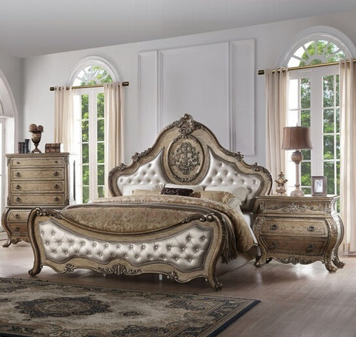 Acme 26310Q 4 pc Ragenardus vintage oak finish wood queen bedroom set decorative carvings tufted accents