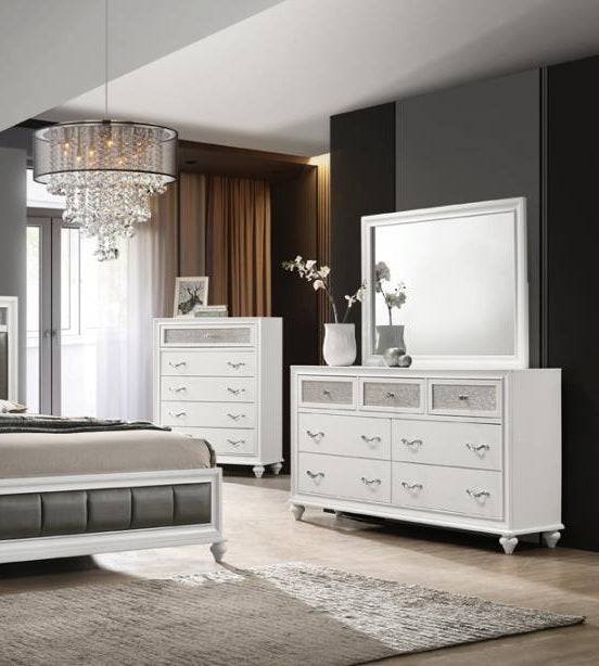 Coaster 205891Q 4 pc Rosdorf park ammelie barzini white finish wood metallic leatherette padded queen bedroom set faux crystal accents