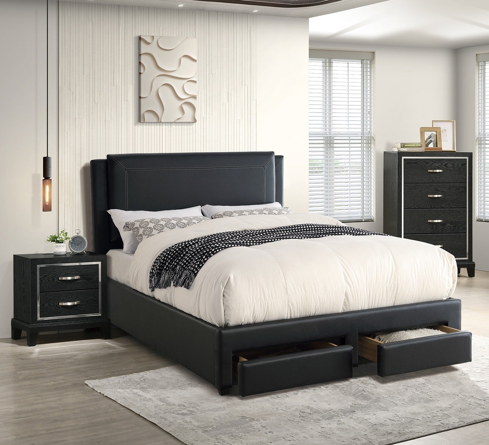 Poundex F9334Q 4 pc black faux leather padded queen bedroom set footboard drawers