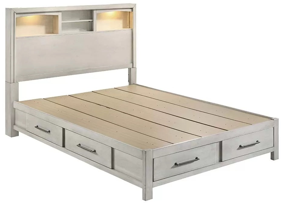 Poundex F9674Q-4PC 4 pc Antique white finish wood LED lighting storage headboard and drawers queen bed set