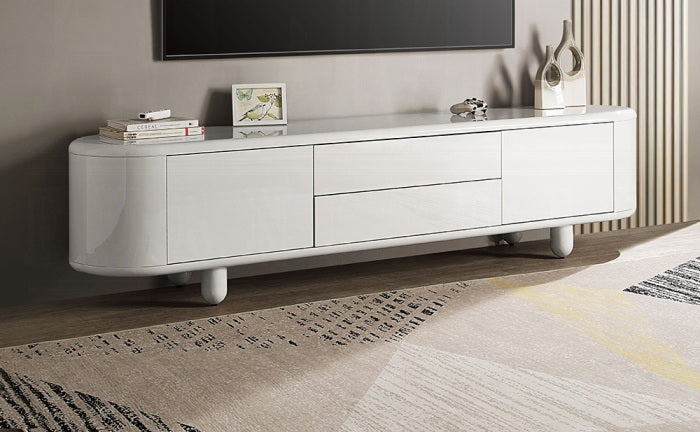 Acme LV02608 Keely white high gloss modern finish wood 94" wide tv stand with multiple drawers and side cabinets