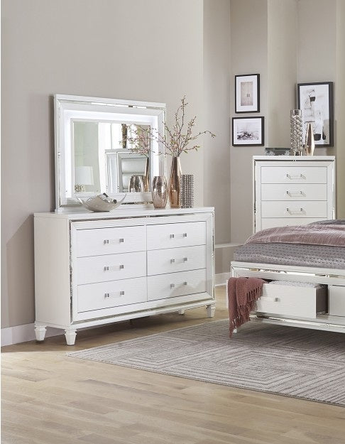 Homelegance 1616W-4PC 4 pc Tamsin white metallic finish wood mirrored trim queen bedroom set with led trim