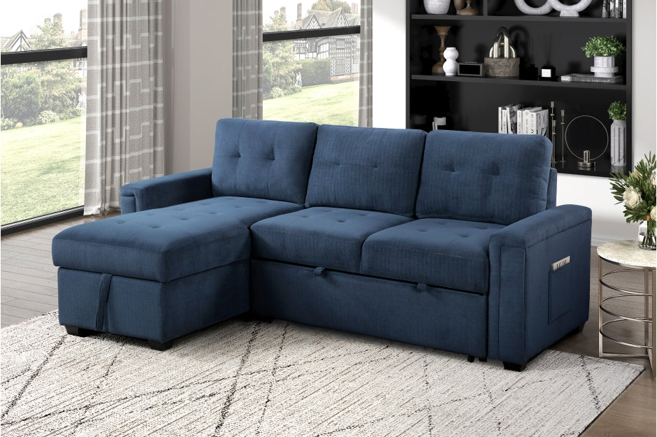 Homelegance 9259-SC 2 pc Barbara blue textured fabric sectional sofa reversible pop up sleep area storage chaise