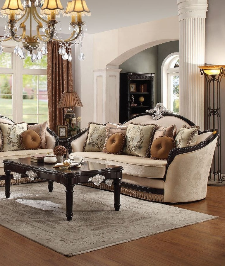 Acme 52110-11 2 pc Astoria grand mcclellan ernestine black finish wood and tan fabric sofa and love seat set