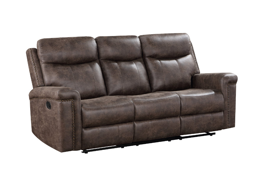 Quade-SL 2 pc Quade mocha leather like fabric sofa and love seat with recliner ends storage cup console
