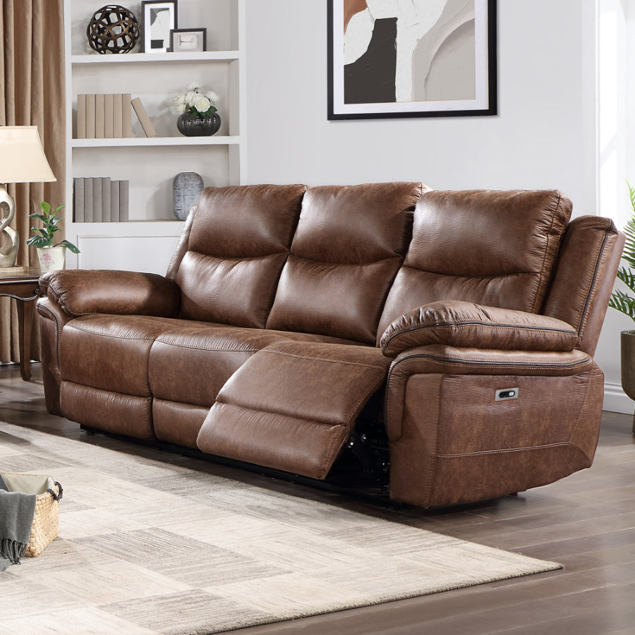 Ryland-PW-SL 2 pc Ryland brown leather like fabric sofa and love seat with power motions recliner ends storage cup console