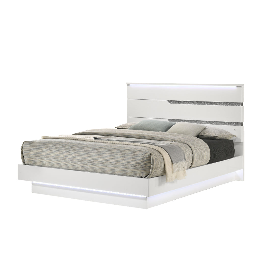 00-B69-4PC 4 pc Paradox high gloss white finish wood queen bed set LED lighting and shimmering accents