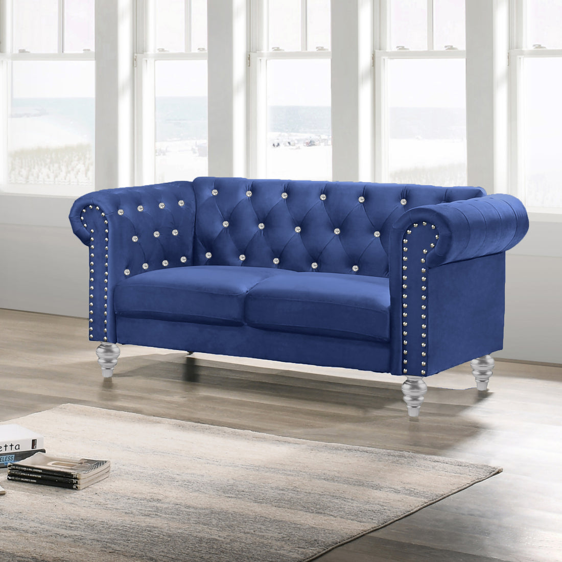 Emma Blue Velvet Crystal Button Tufted Sofa and Love Seat Set with Acrylic Legs & Nailhead Trim – 24-13CB-2PC