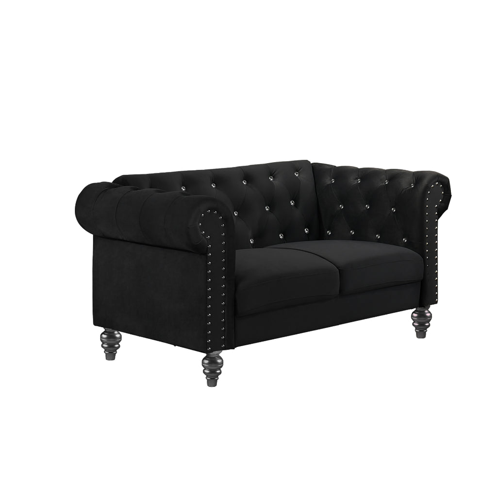 24-13CK-2PC 2 pc Emma black velvet fabric crystal button tufted sofa and love seat set acrylic legs nail head trim