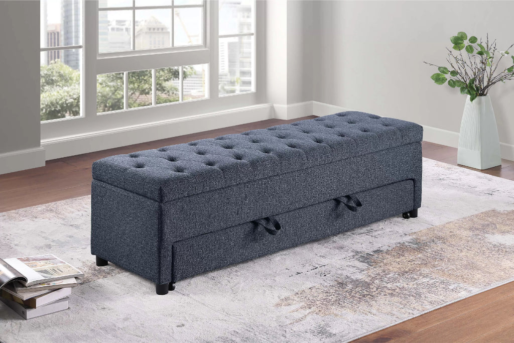 Poundex F8315 Blue grey boucle fabric storage and underseat storage bedroom entry bench