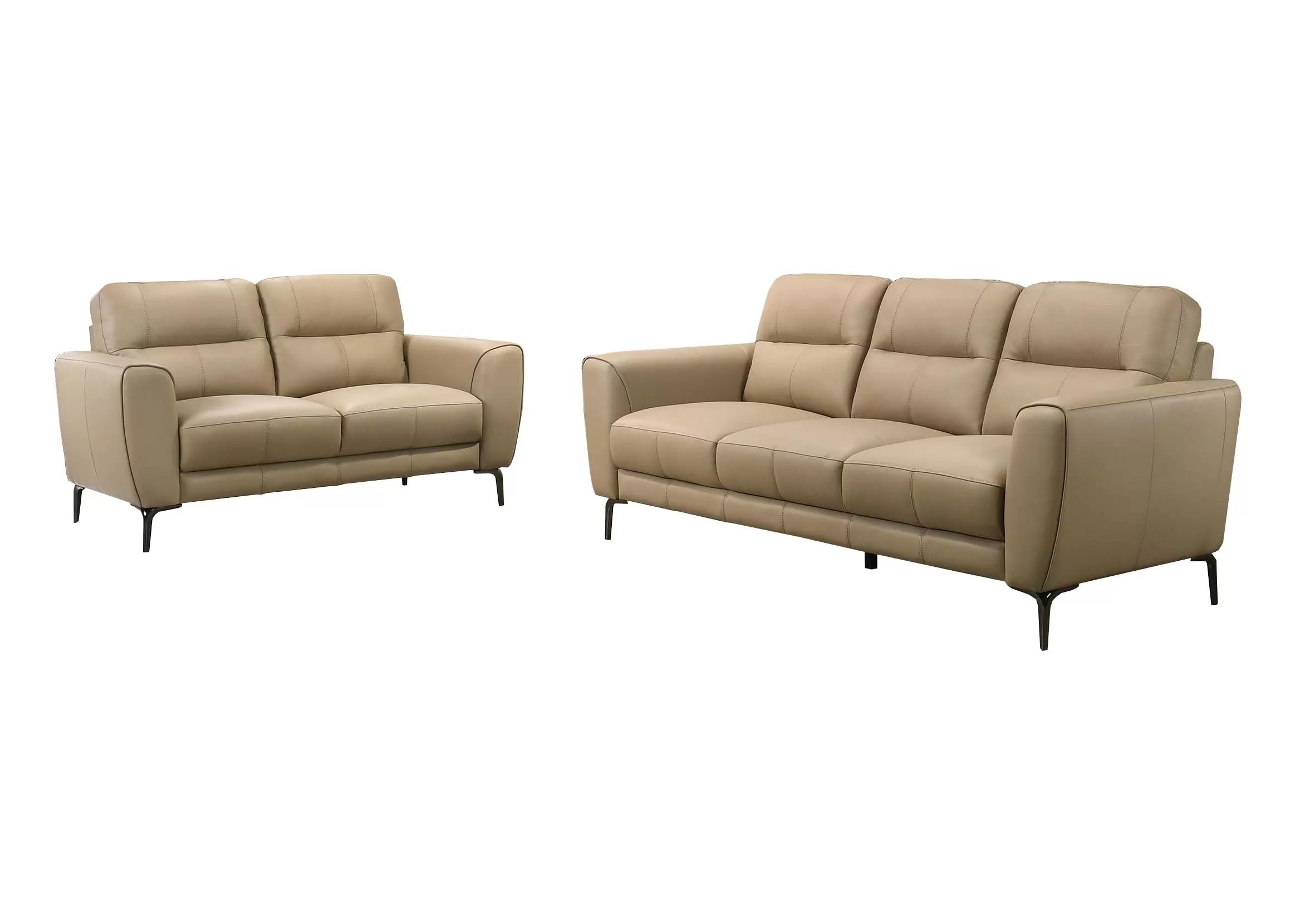 Poundex F8420 2 pc taupe top grain leather sofa and love seat set with flared arms and dark legs