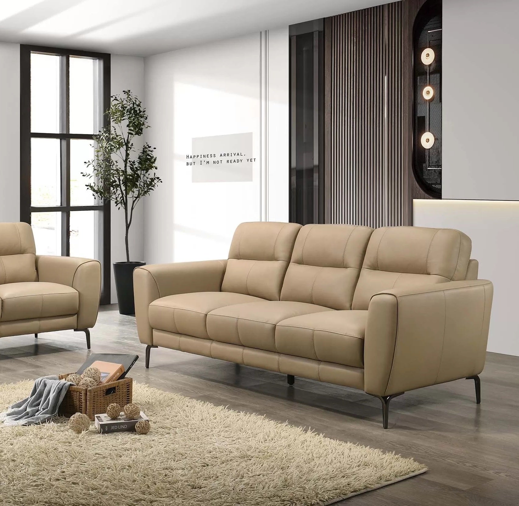 Poundex F8420 2 pc taupe top grain leather sofa and love seat set with flared arms and dark legs