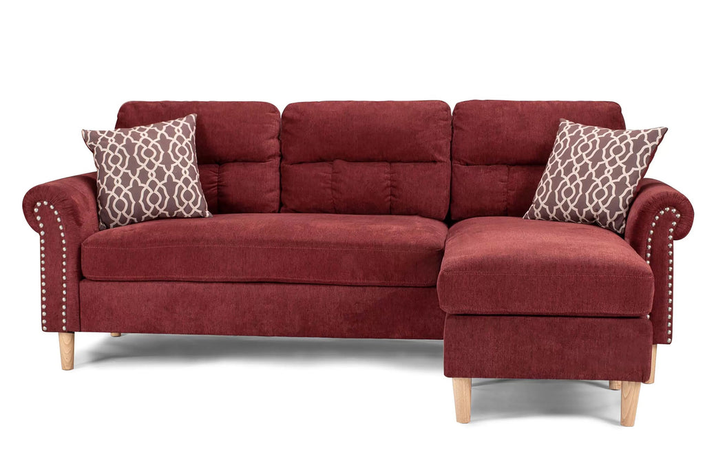 Poundex F6449 2 pc leta paprika red velvet fabric apartment size sectional sofa reversible chaise