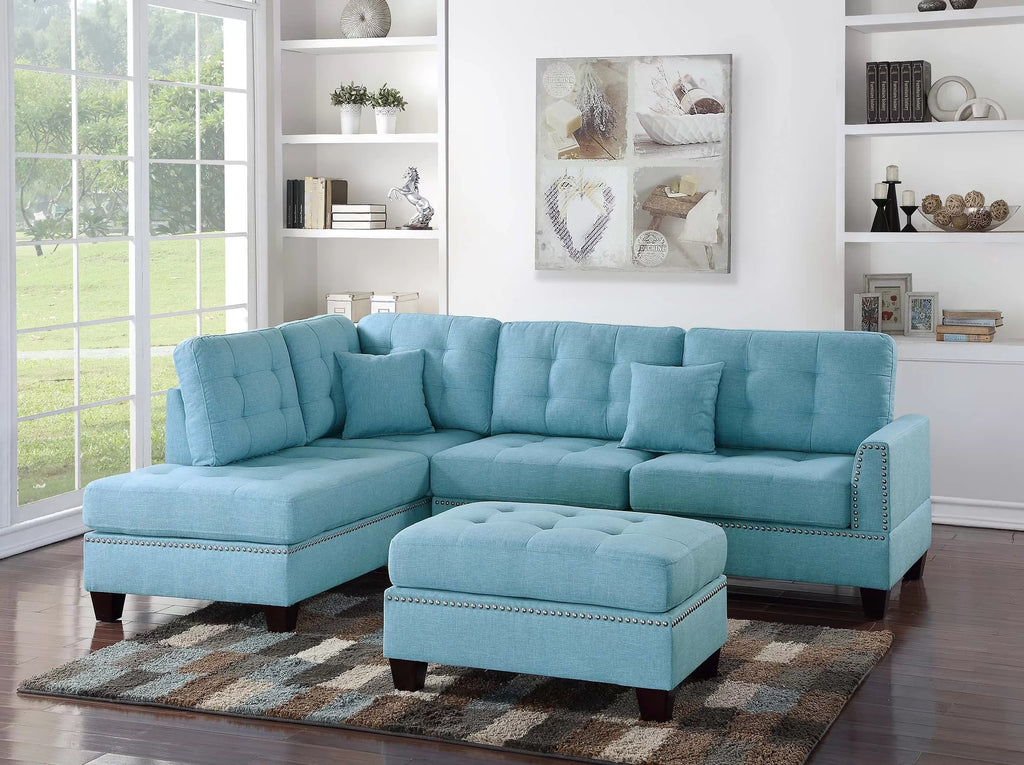 Poundex F6505 3 pc blue poly fiber fabric sectional sofa reversible chaise and ottoman nail head trim