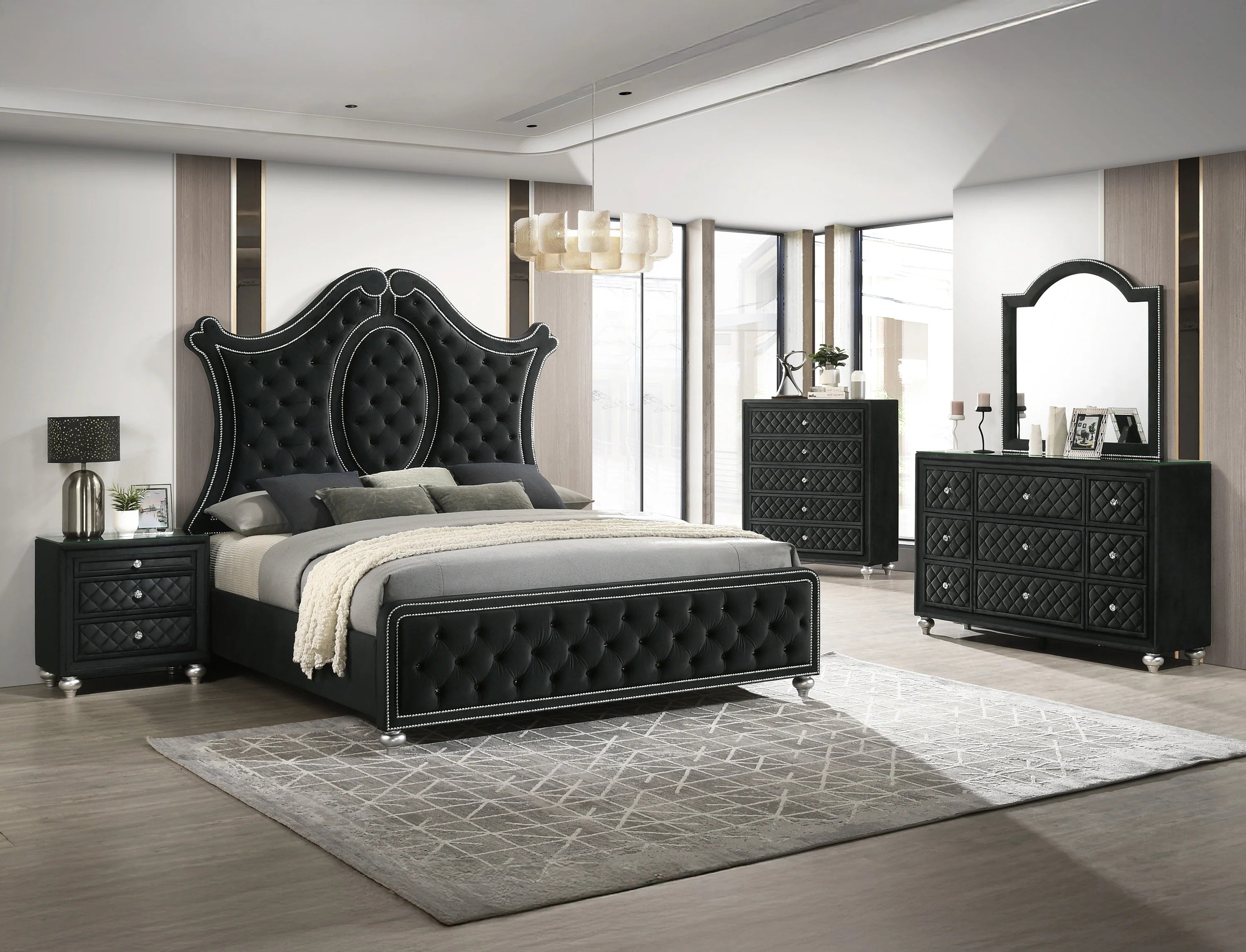 Crown mark B2180 4 pc A & J homes studio cameo black velvet tufted finish design queen bedroom set
