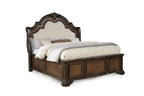 B1640 4 pc Ludwig rich brown finish wood padded upholstered nail head trim headboard bedroom set with marble tops