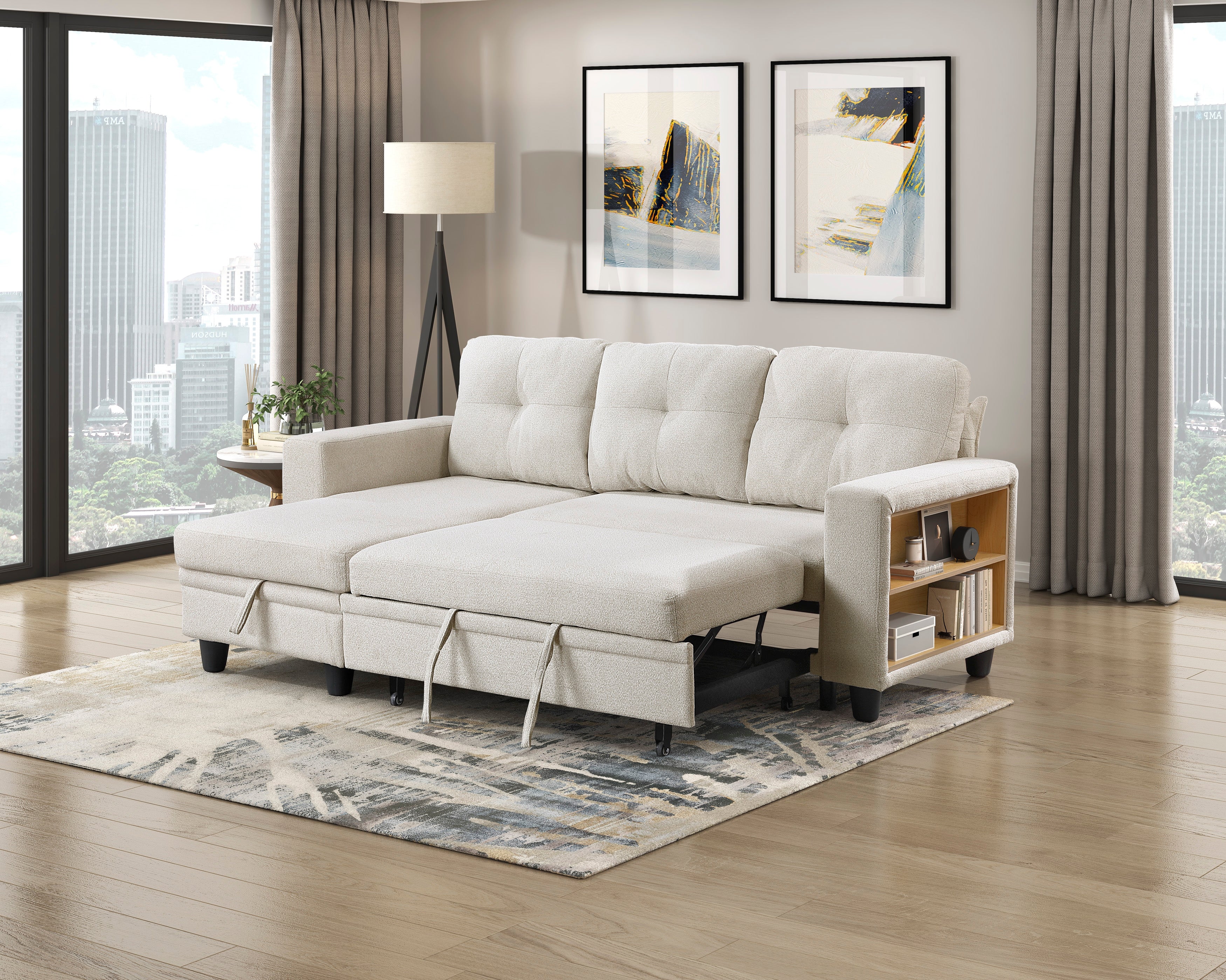 Homelegance 9705BE-32AVC 2 pc Morian beige boucle fabric sectional sofa reversible storage chaise storage arms and pop up sleep area