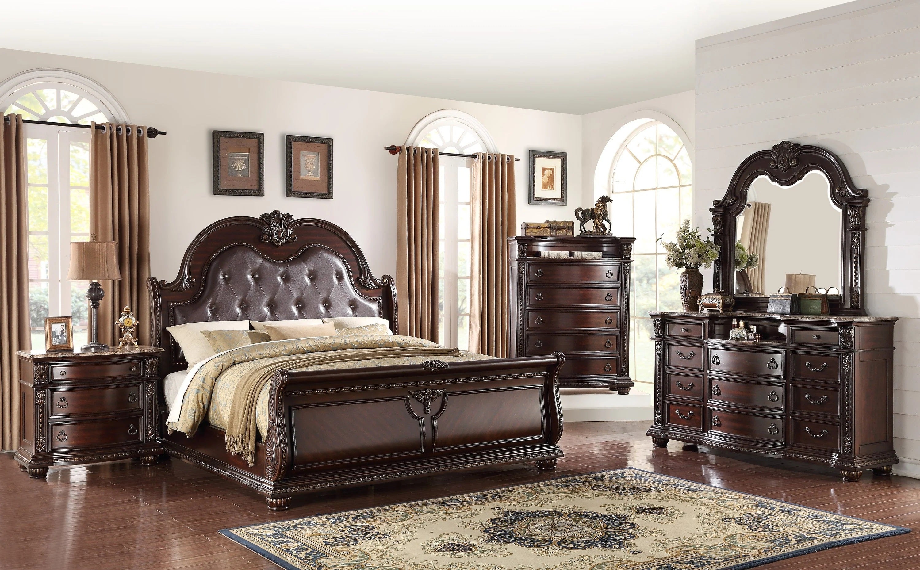 B1600 Stanley Brown Cherry Sleigh Bedroom Set Marble Tops Tufted