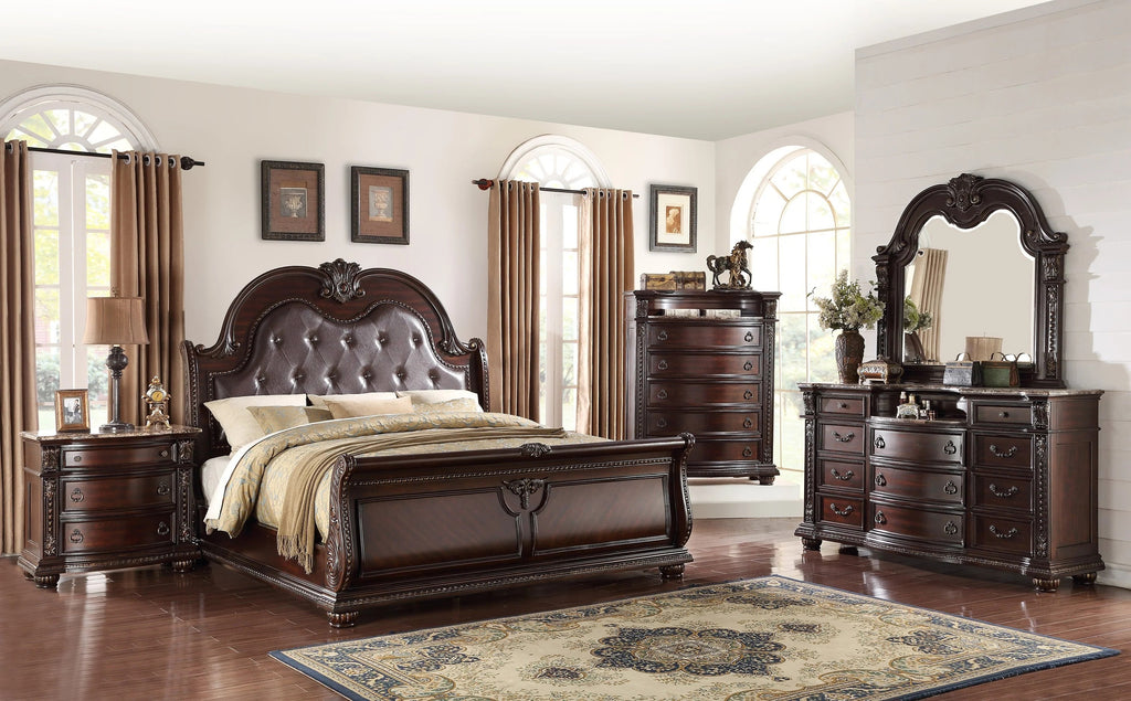 B1600 4 pc Stanley brown cherry finish wood faux leather tufted upholstered headboard sleigh style bedroom set with marble tops