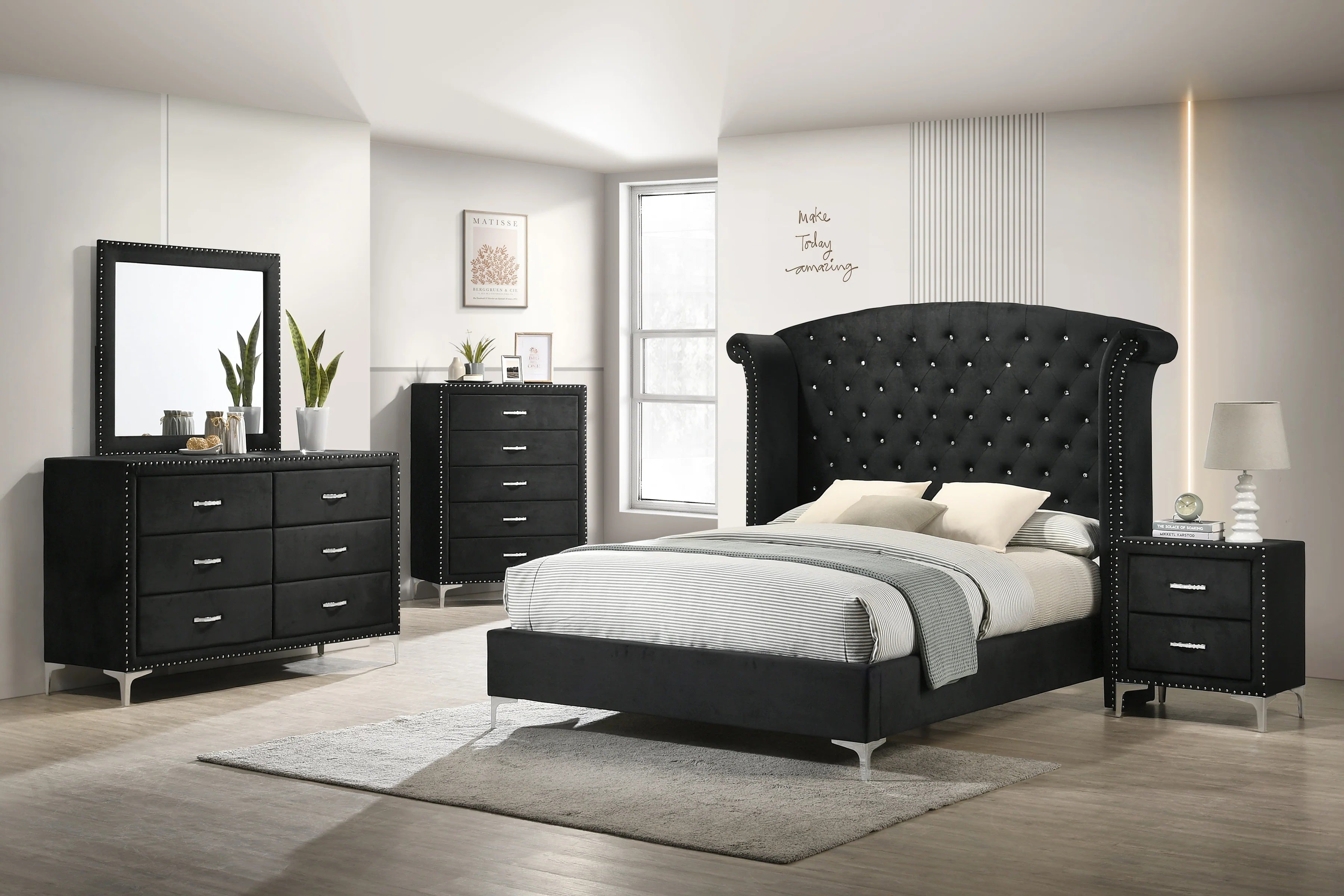 B9265 4 pc lucinda black velvet tufted upholstered queen bedroom set nail head trim