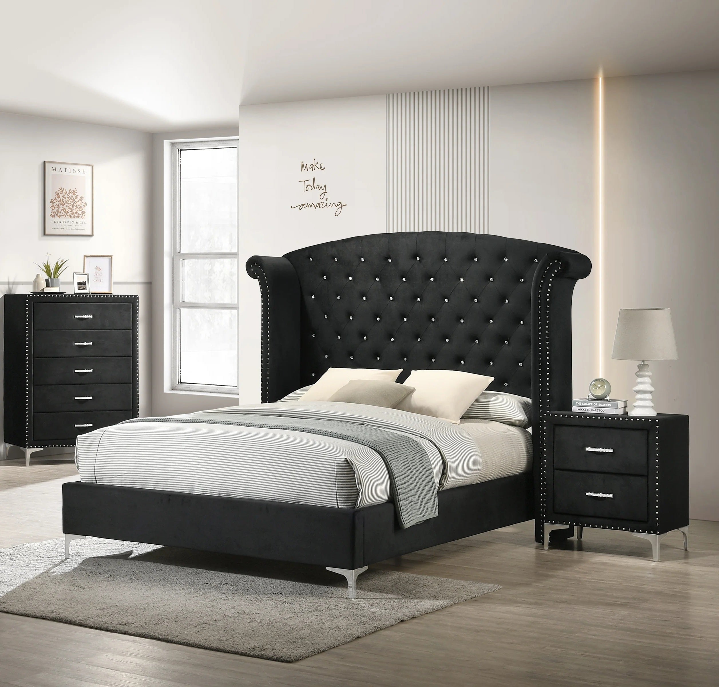 B9265 4 pc lucinda black velvet tufted upholstered queen bedroom set nail head trim