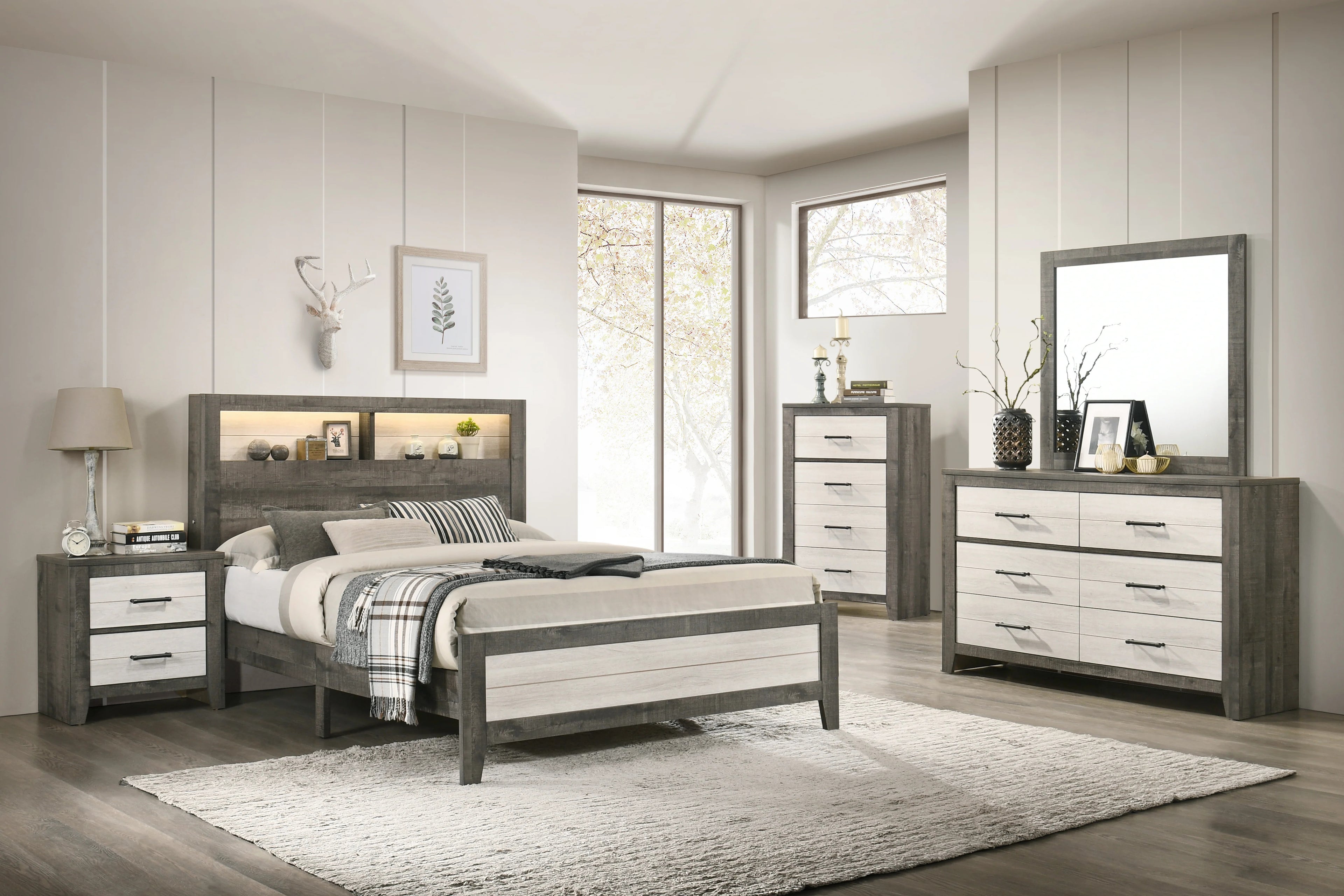 B8170 4 pc Rhett two tone grey finish wood slatted storage headboard with lights queen bedroom set