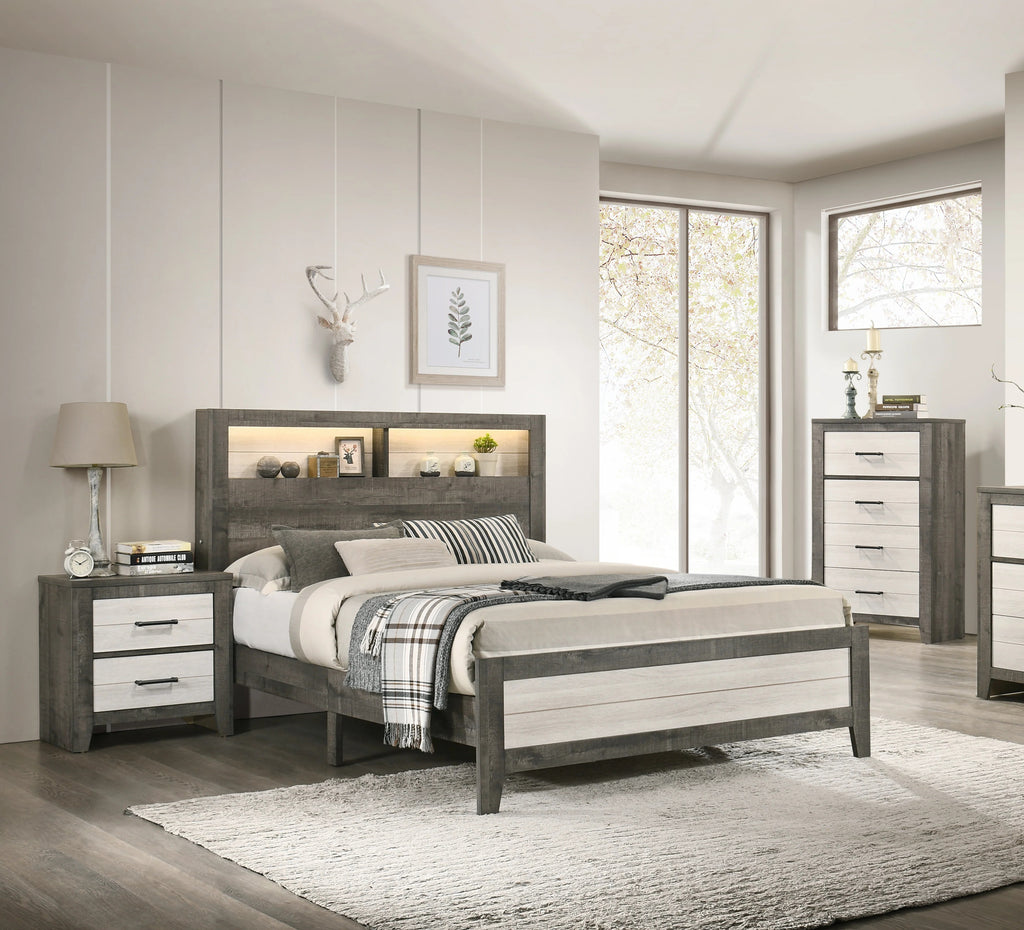 B8170 4 pc Rhett two tone grey finish wood slatted storage headboard with lights queen bedroom set