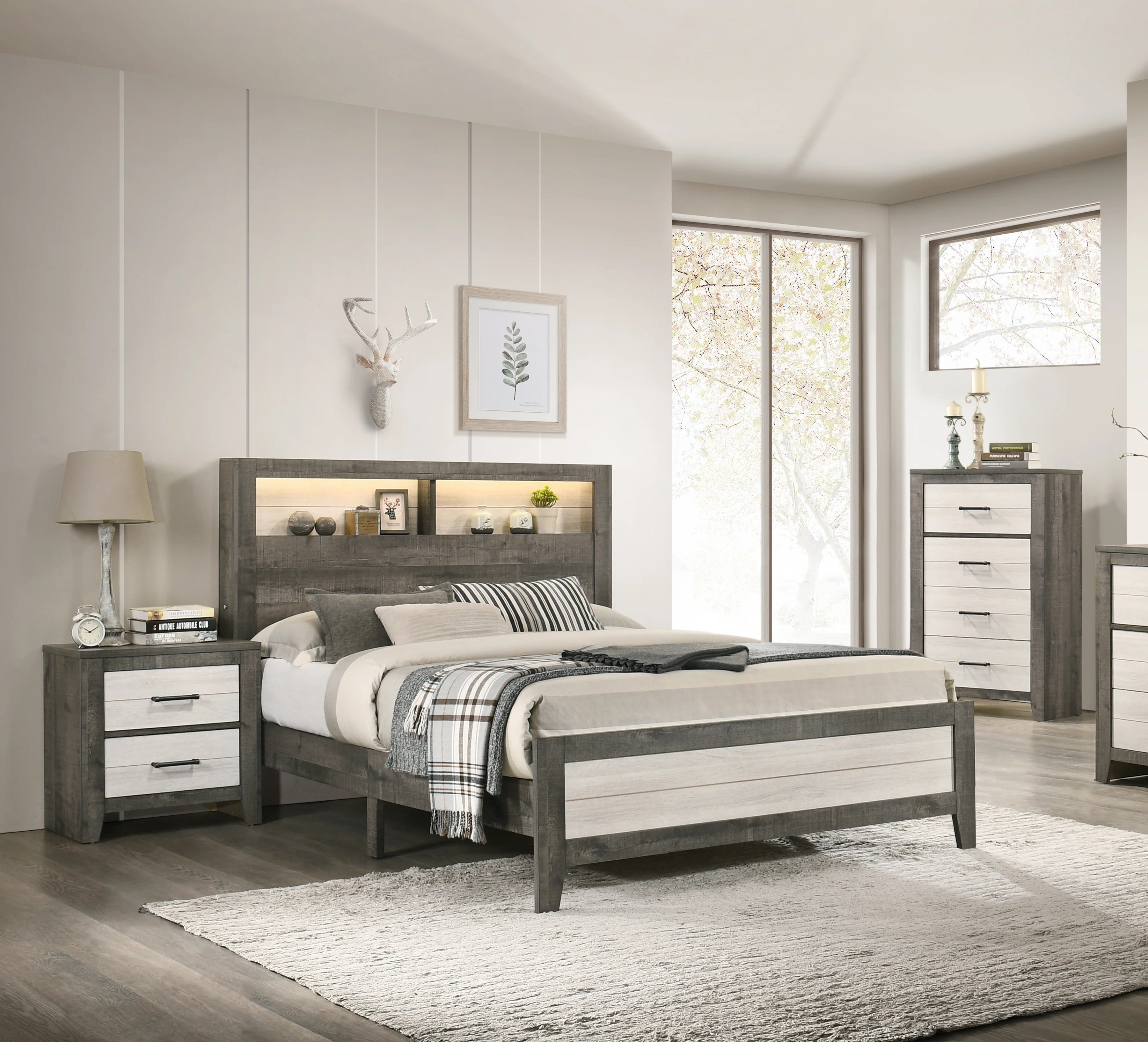 B8170 4 pc Rhett two tone grey finish wood slatted storage headboard with lights queen bedroom set