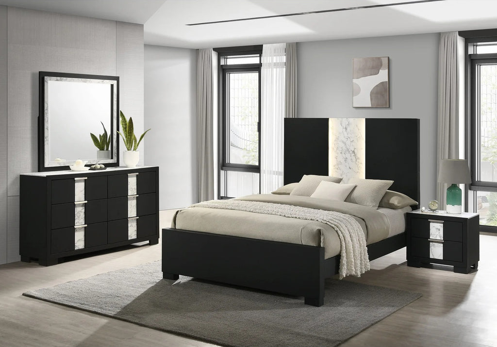 B6835-4PC 4 pc Rangley black finish wood LED headboard queen bedroom set
