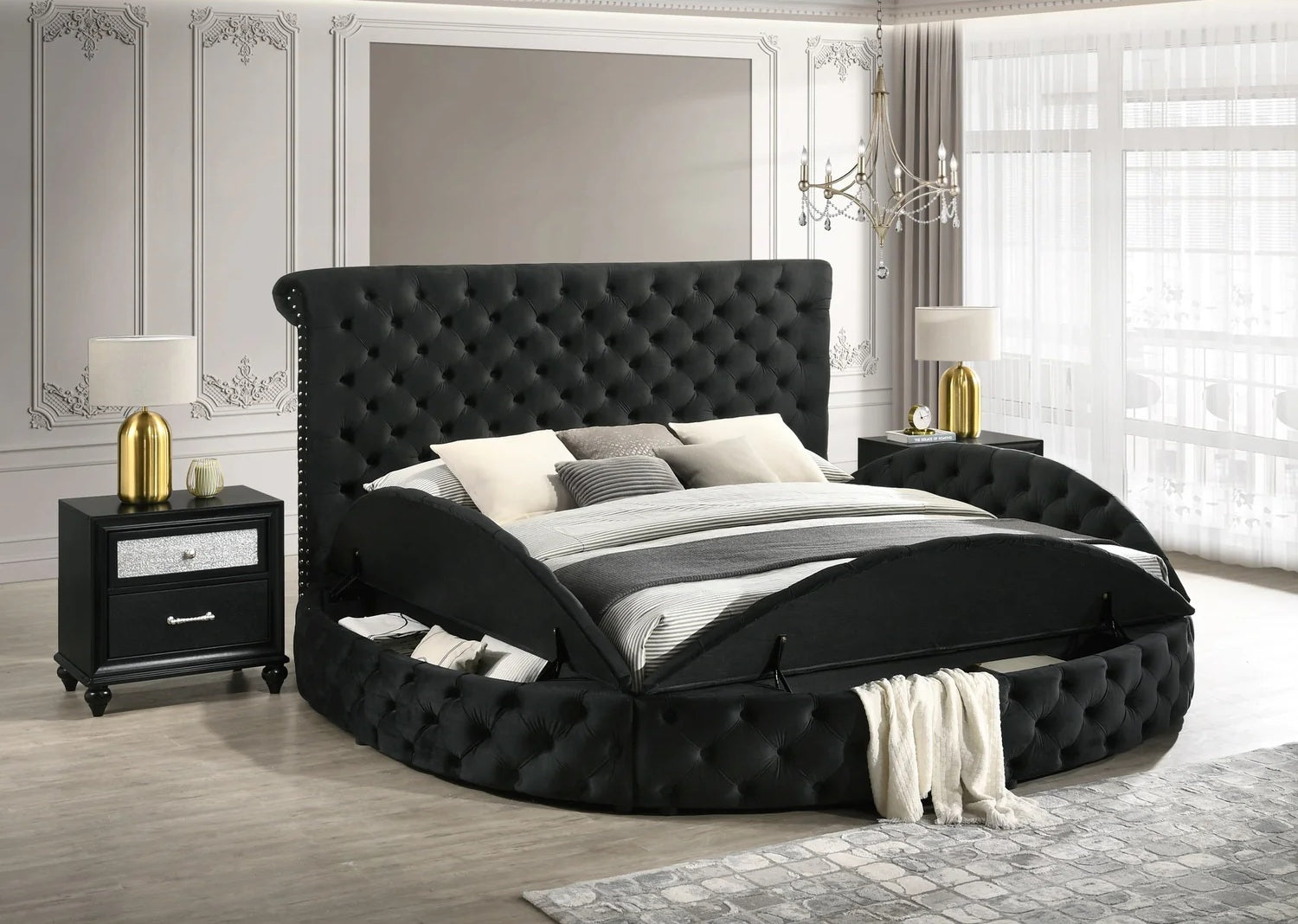 Crown Mark 5202BK Danbury black colored fabric tufted round queen storage bed