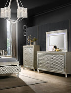 Elizabeth-4PC 4 pc Elizabeth champagne wood finish faux leather upholstered headboard LED lighting queen bed set