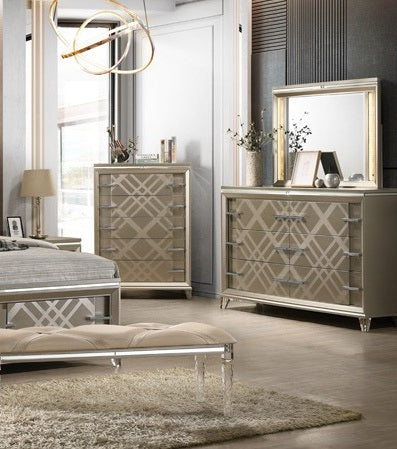 Santiago-EK-4PC 4 pc Santiago champagne gold finish wood faux leather upholstered headboard LED lighting eastern king bed set