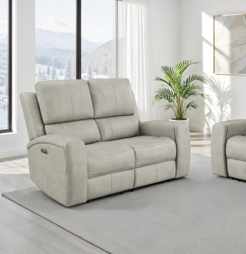Coaster 603434PPP-S2 2 pc Brickston light grey faux leather power recliners and headrests sofa and love seat set storage and USB