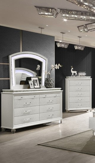 Adele 4 pc Adele pearl white finish wood faux leather upholstered headboard LED lighting queen bed set footboard drawers