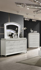 Adele 4 pc Adele pearl white finish wood faux leather upholstered headboard LED lighting queen bed set footboard drawers