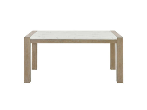 30060-2-7PC Tabitha 7-Piece Light Oak Wood Dining Table Set with White Faux Marble Top & 6 Padded Chairs