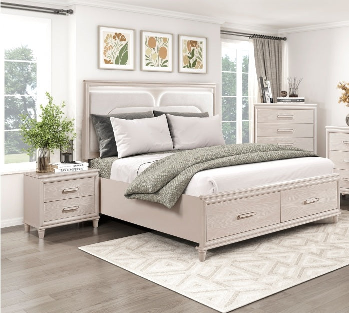 Homelegance 2451-4PC 4 pc Montrose off white finish LED fabric padded headboard queen bedroom set footboard drawers