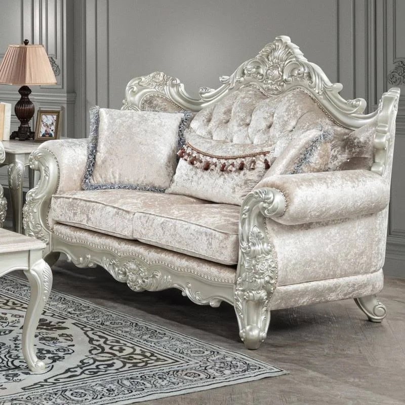 Best master TLR02-2PC 2 pc Regal royal traditional style champagne tone fabric antique white finish wood Sofa and Love seat set